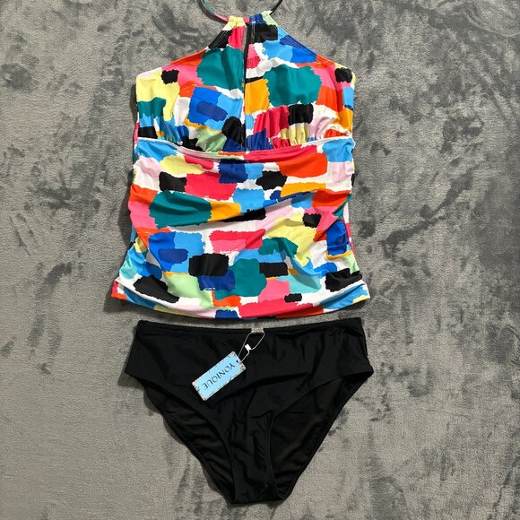 Younique High Neck Tankini Swimsuit Sz XL Multicolor 2Pc Tummy Control - Picture 3 of 12